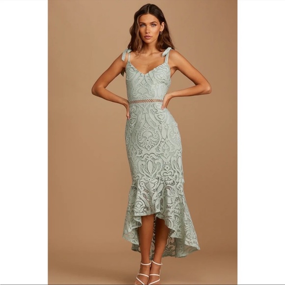 Lulus Dresses & Skirts - NWOT Lulu’s Won Your Heart Sage Green Lace Tie-Strap High-Low Dress